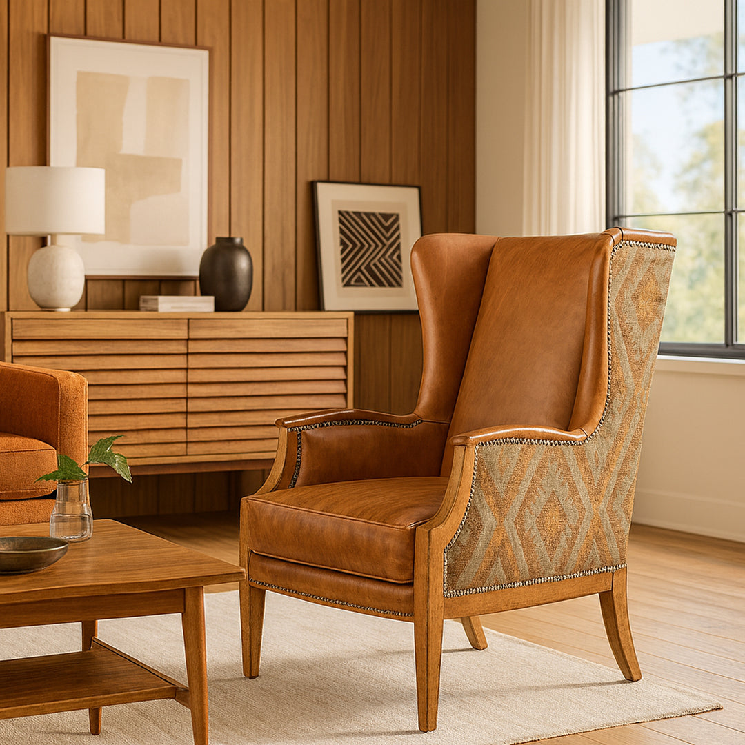 Custom Fabric and Leather Library Chair detail view 4 - Whats New Furniture - Portland, Oregon