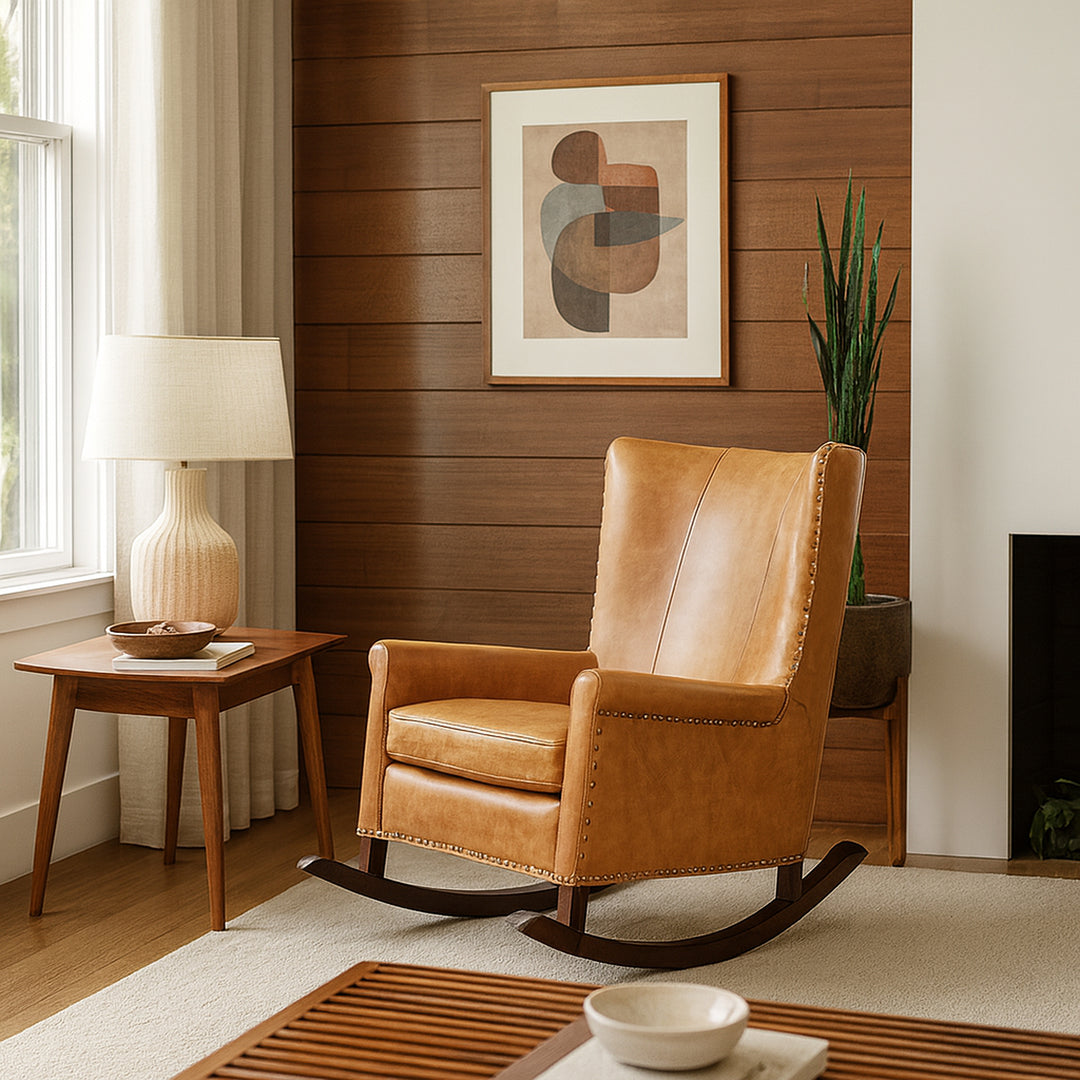 Custom Leather Rocking Chair detail view 3 - Whats New Furniture - Portland, Oregon