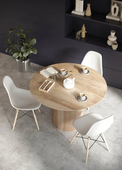 Cylinder Round Dining Table in Honey lifestyle setting - round mango wood pedestal dining table by LH Imports - Whats New Furniture Portland OR