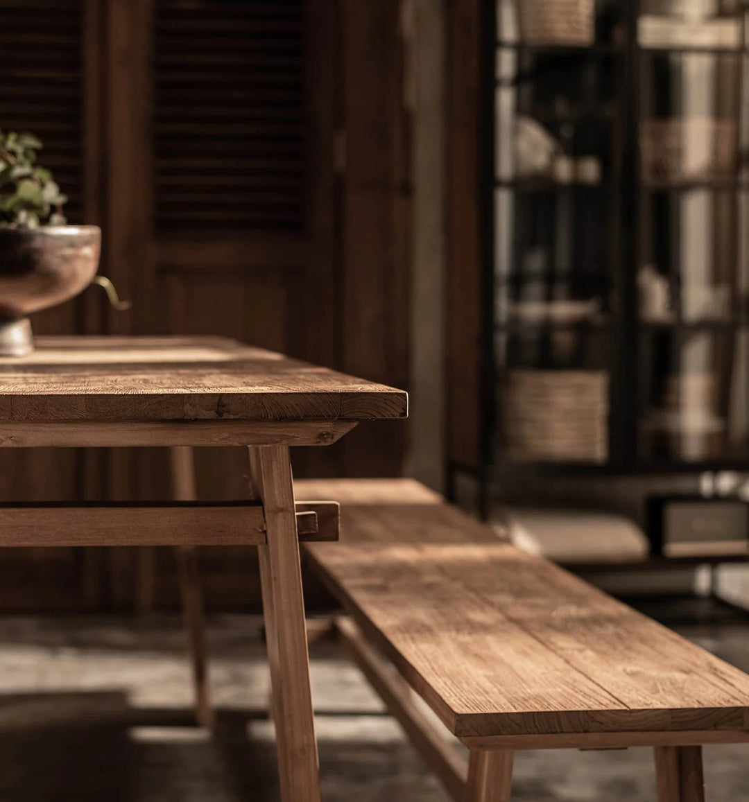 Artisan Bench in Natural Teak room setting - reclaimed teak bench by LH Imports - Whats New Furniture Portland OR