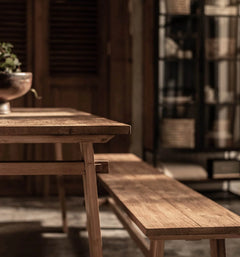 Artisan Bench in Natural Teak room setting - reclaimed teak bench by LH Imports - Whats New Furniture Portland OR