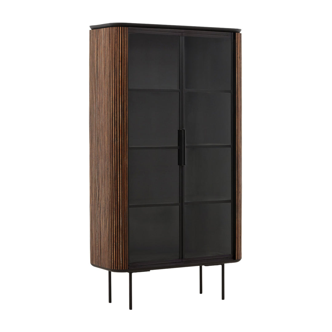 Dabney Glass Cabinet - Teak and Black Metal in Natural - front three-quarter studio view - Cabinet by Dovetail - Whats New Furniture Portland OR