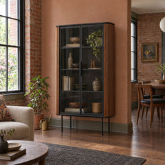 Dabney Glass Cabinet - Teak and Black Metal in Natural styled in a Portland home - Whats New Furniture