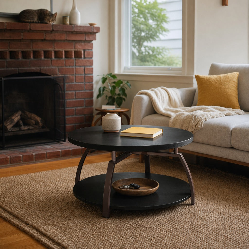 Dacre 2 Piece Round Coffee And End Table Set Dark Charcoal styled in Portland St. Johns bungalow living room - What&