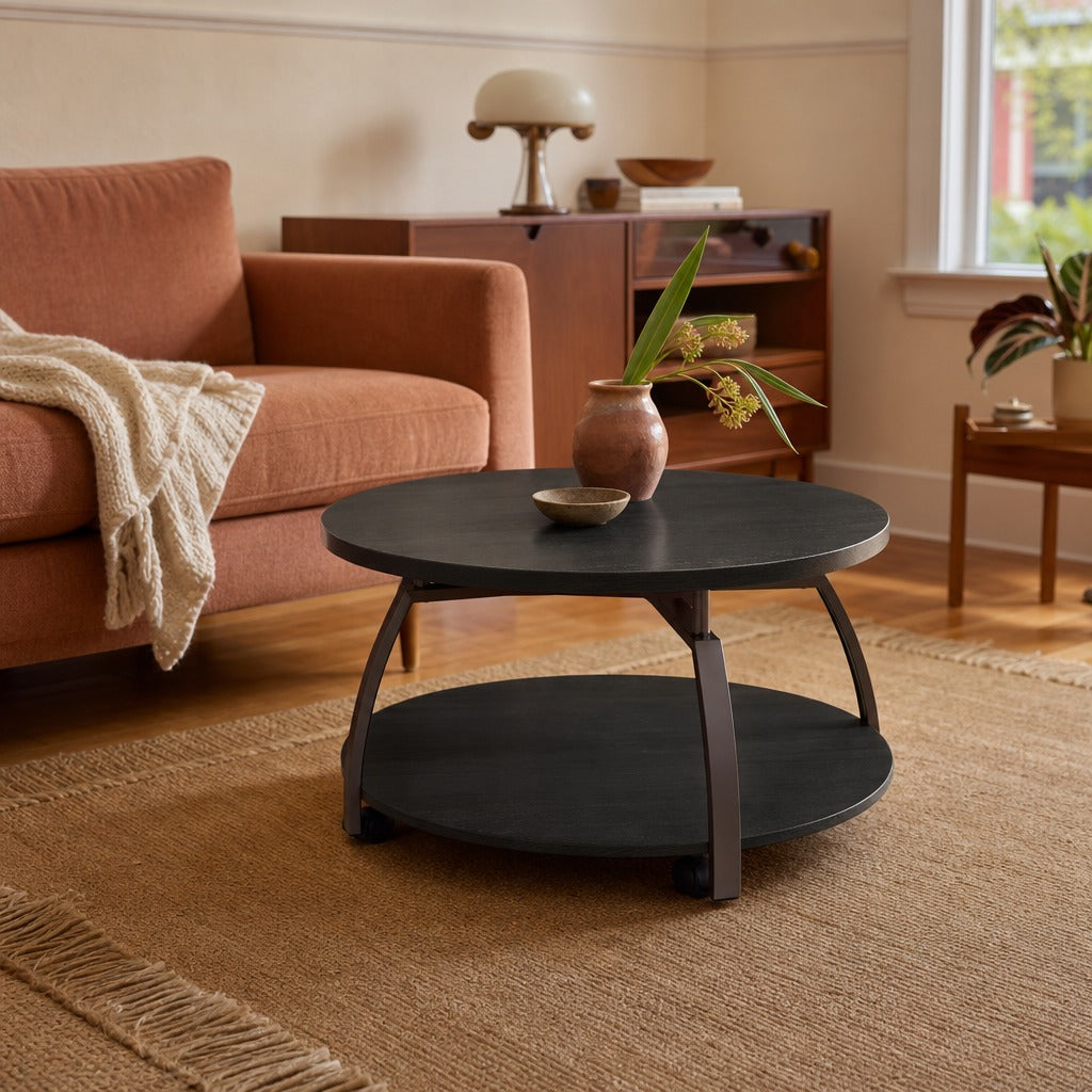 Dacre Round Engineered Wood Top Coffee Table Dark Charcoal styled in Portland 1960s Garden Home ranch living room - What&