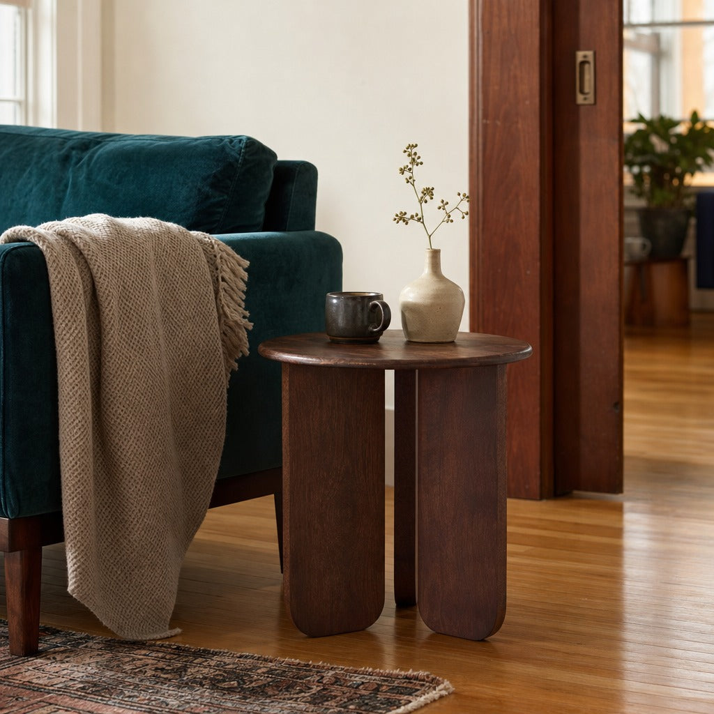 Dale Round Solid Mango Wood Side End Table Brown styled in Portland AlbertArts foursquare living room - What&