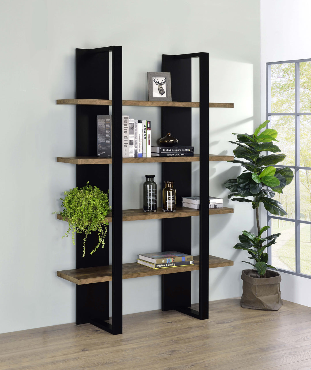 Danbrook 71-inch 4-shelf Bookshelf Black and Aged Walnut - What&