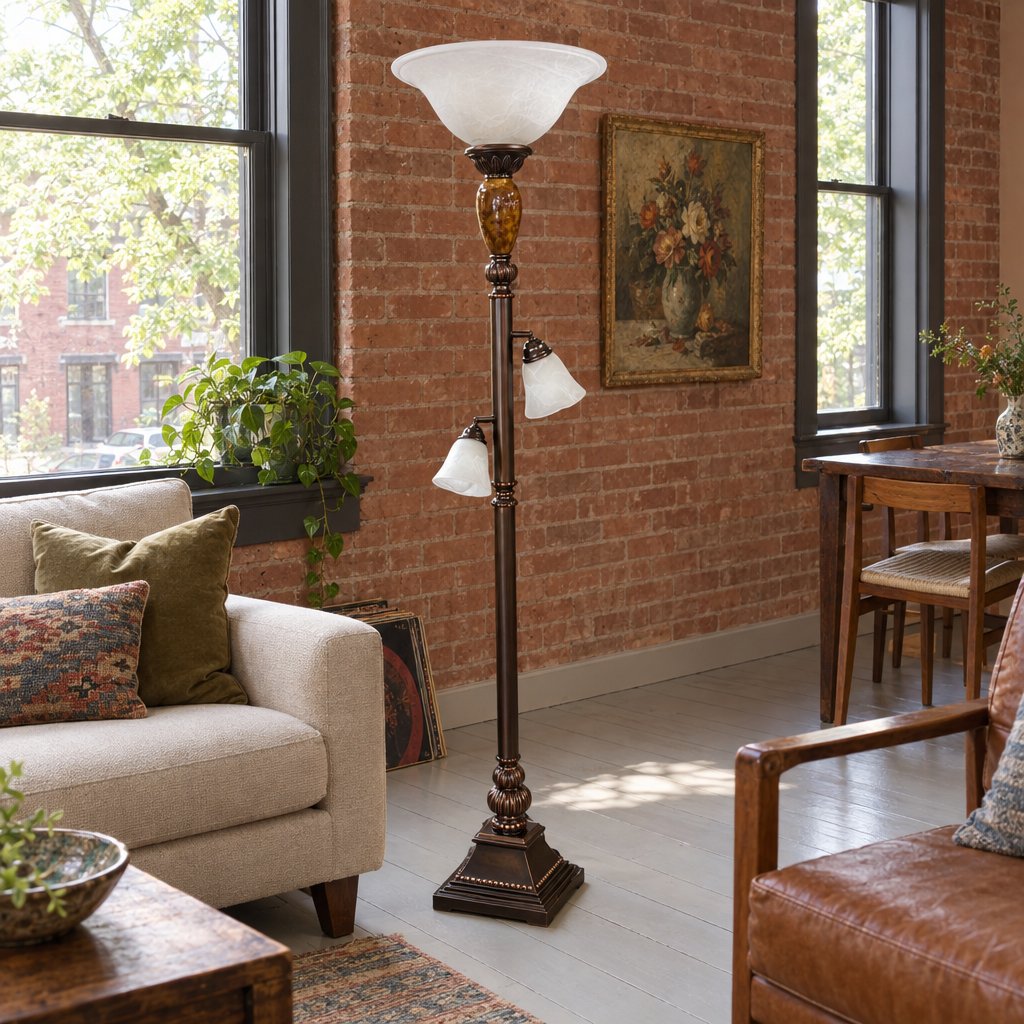 Traditional Metal Torchiere Floor Lamp in Dark Brown styled in a Portland home - Whats New Furniture
