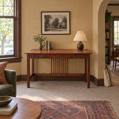 Mission Style Solid Wood Office Desk in Dark Brown styled in a Portland home - Whats New Furniture