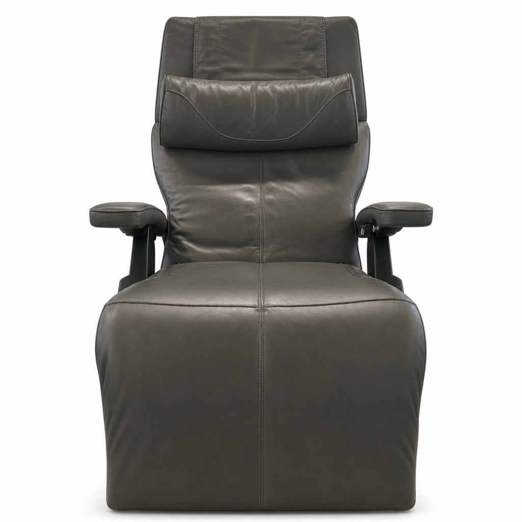 Dark gray zero gravity recliner with reclined ergonomic frame and built-in heat option