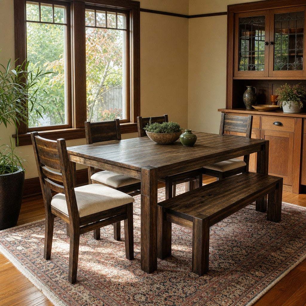 Dark walnut mid-century dining set with a rectangular 60-inch tabletop and tapered legs.