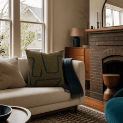 Agassiz Daily Greens Throw Pillow styled in a Portland Alberta Arts sitting room lifestyle - Whats New Furniture
