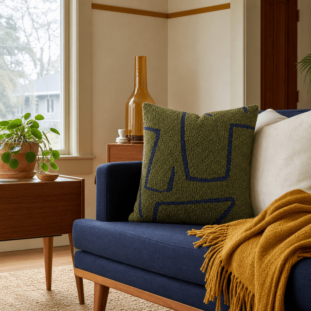 Agassiz Daily Greens Throw Pillow styled in a Portland living room lifestyle - Whats New Furniture