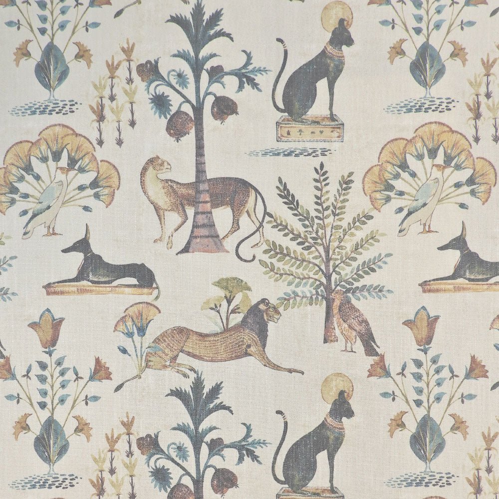 Animalia Fawn Egyptian animal print throw pillow fabric with cats jackals and palms on cream by Decor Fifty-Five - Whats New Furniture Portland OR