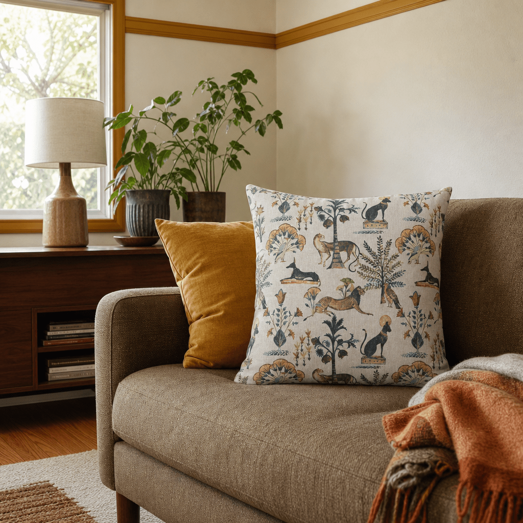 Animalia Fawn Throw Pillow styled in a Portland living room lifestyle - Whats New Furniture