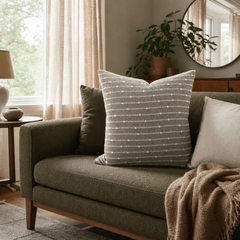 Deja Vu Harvest Slub Stripe Throw Pillow styled in a Portland Alberta Arts sitting room lifestyle - Whats New Furniture