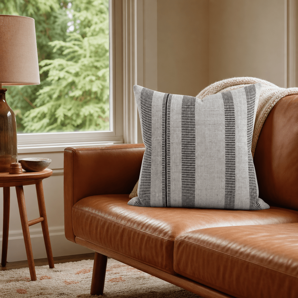 Double Issue Mushroom Woven Stripe Throw Pillow styled in a Portland Hawthorne bungalow living room lifestyle - Whats New Furniture