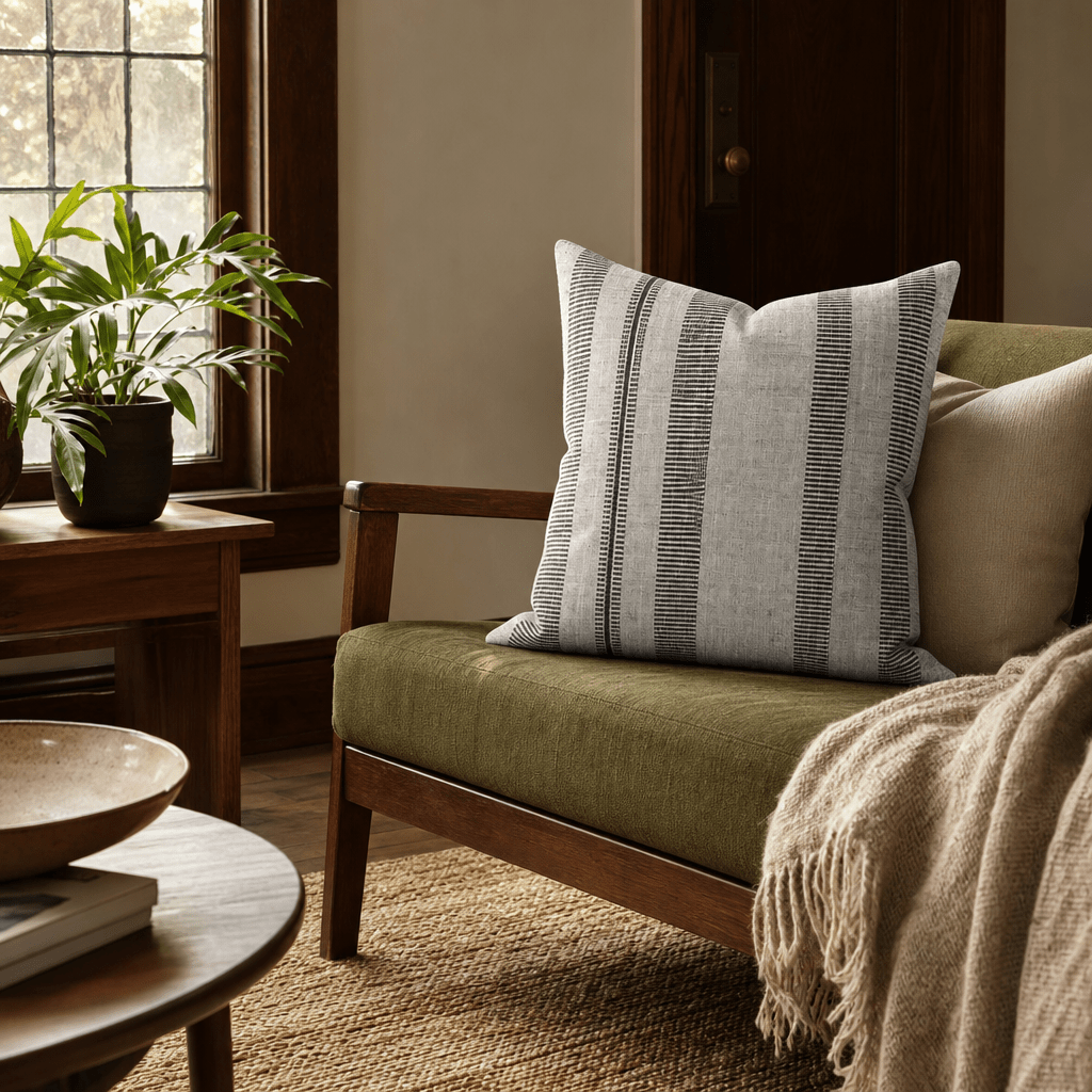 Double Issue Mushroom Woven Stripe Throw Pillow styled in a Portland Alberta Arts sitting room lifestyle - Whats New Furniture