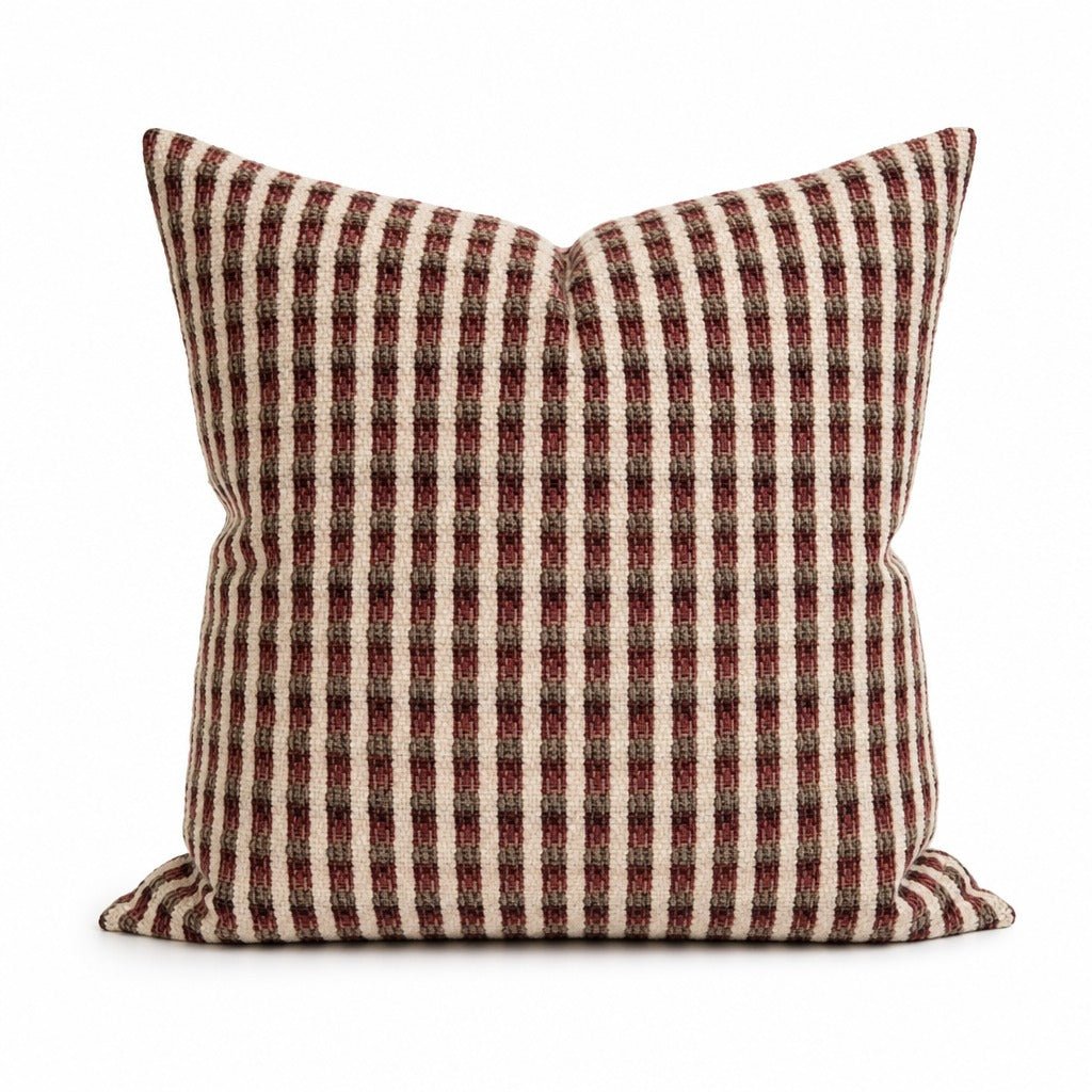 Durban Sangria woven check throw pillow front view by Decor Fifty-Five - Whats New Furniture Portland OR