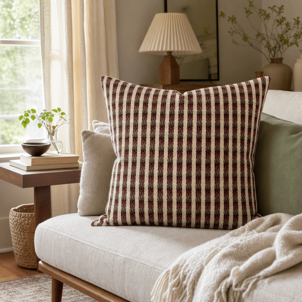 Durban Sangria Throw Pillow styled in a Portland Alberta Arts sitting room lifestyle - Whats New Furniture