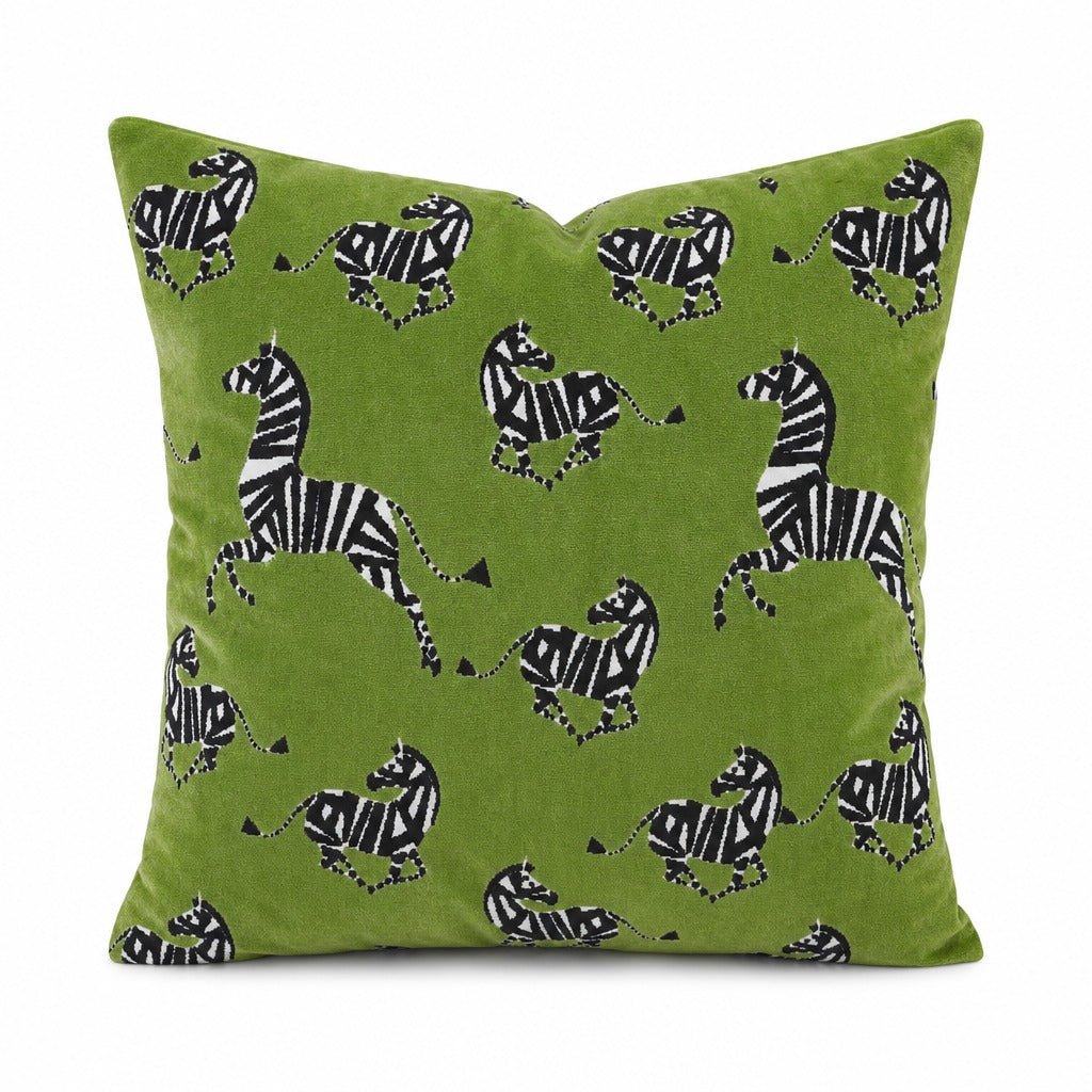 Farlowe Emerald zebra cut velvet throw pillow front view by Decor Fifty-Five - Whats New Furniture Portland OR