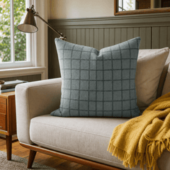 Four Top Steel Blue Windowpane Throw Pillow styled in a Portland Hawthorne bungalow living room lifestyle - Whats New Furniture