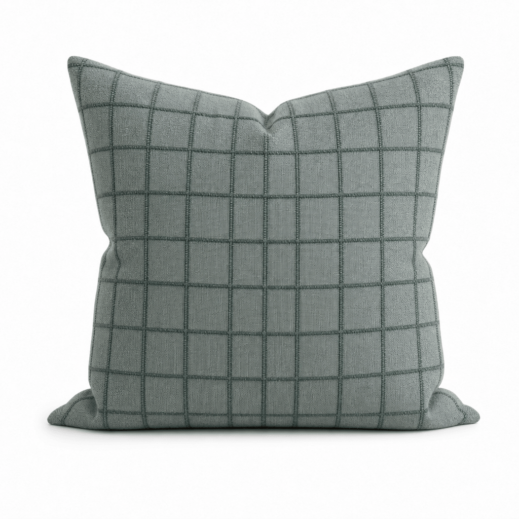 Four Top Steel Blue Windowpane Throw Pillow front view by Decor Fifty-Five - Whats New Furniture Portland OR