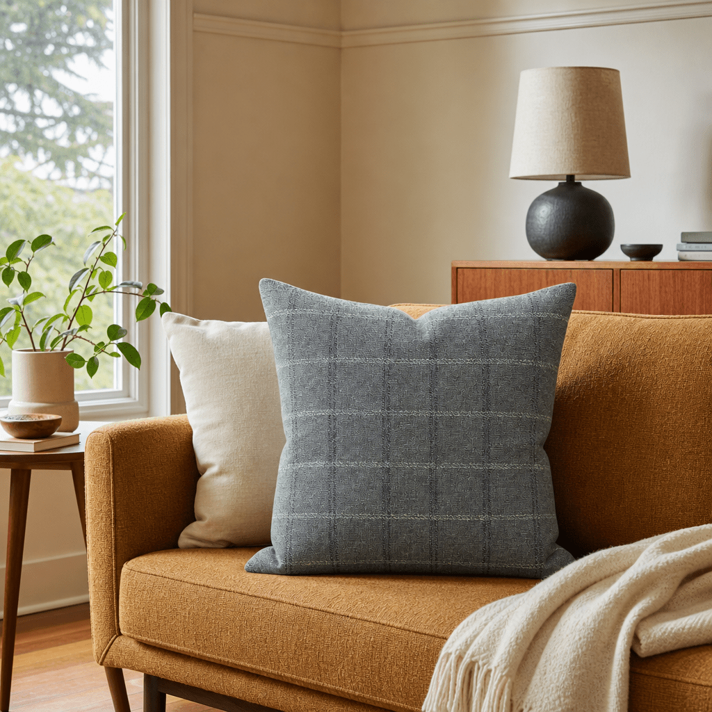 Icon Denim Windowpane Throw Pillow styled in a Portland Hawthorne bungalow living room lifestyle - Whats New Furniture