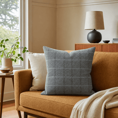 Icon Denim Windowpane Throw Pillow styled in a Portland Hawthorne bungalow living room lifestyle - Whats New Furniture