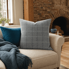 Icon Denim Windowpane Throw Pillow styled in a Portland Alberta Arts sitting room lifestyle - Whats New Furniture