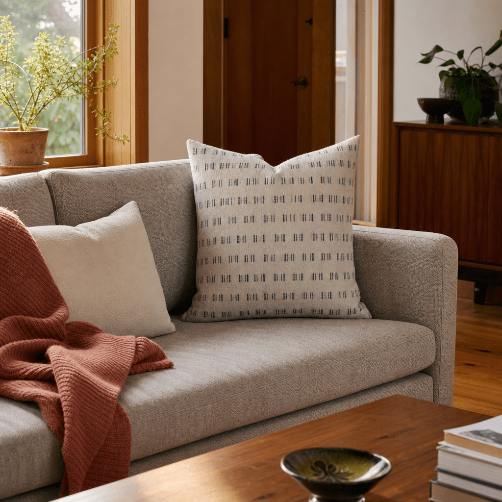 Me Too Chambray Throw Pillow styled in a Portland living room lifestyle - Whats New Furniture