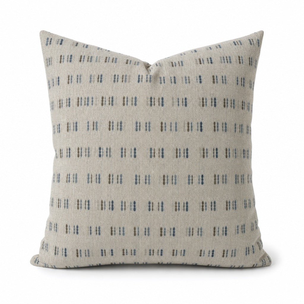 Me Too Chambray blue dash throw pillow front view by Decor Fifty-Five - Whats New Furniture Portland OR