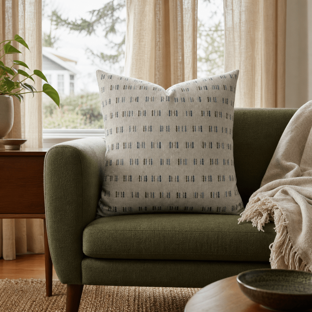 Me Too Chambray Throw Pillow styled in a Portland Alberta Arts sitting room lifestyle - Whats New Furniture