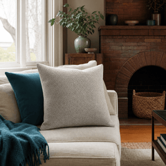 Nubby Sandstone Textured Throw Pillow styled in a Portland Alberta Arts sitting room lifestyle - Whats New Furniture