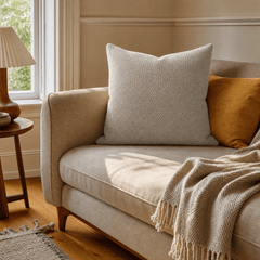 Nubby Sandstone Textured Throw Pillow styled in a Portland Hawthorne bungalow living room lifestyle - Whats New Furniture