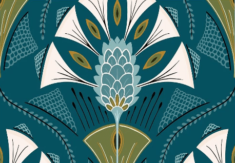Plumage Aegean Art Deco plume print throw pillow fabric in teal olive and ivory by Decor Fifty-Five - Whats New Furniture Portland OR