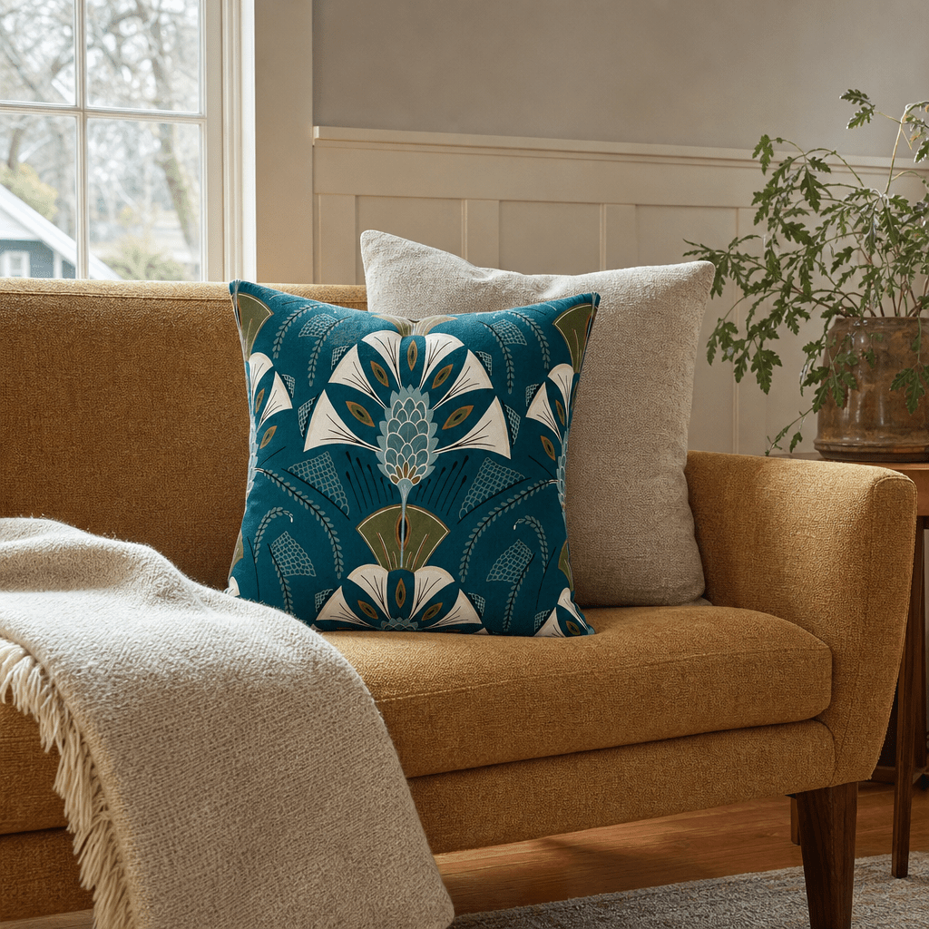 Plumage Aegean Throw Pillow styled in a Portland living room lifestyle - Whats New Furniture