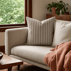 Rhett Earth Ticking Stripe Throw Pillow styled in a Portland Hawthorne bungalow living room lifestyle - Whats New Furniture