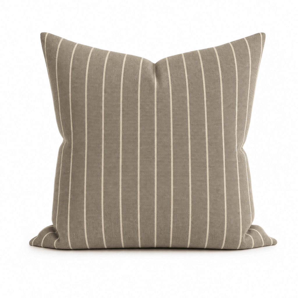 Rhett Earth Ticking Stripe Throw Pillow front view by Decor Fifty-Five - Whats New Furniture Portland OR