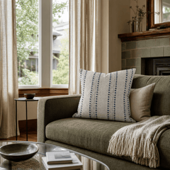 Sugar and Spice Indigo Cut-Yarn Throw Pillow styled in a Portland Alberta Arts sitting room lifestyle - Whats New Furniture