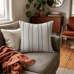 Sugar and Spice Indigo Cut-Yarn Throw Pillow styled in a Portland Hawthorne bungalow living room lifestyle - Whats New Furniture