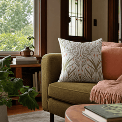 Tendril Basil Throw Pillow styled in a Portland living room lifestyle - Whats New Furniture
