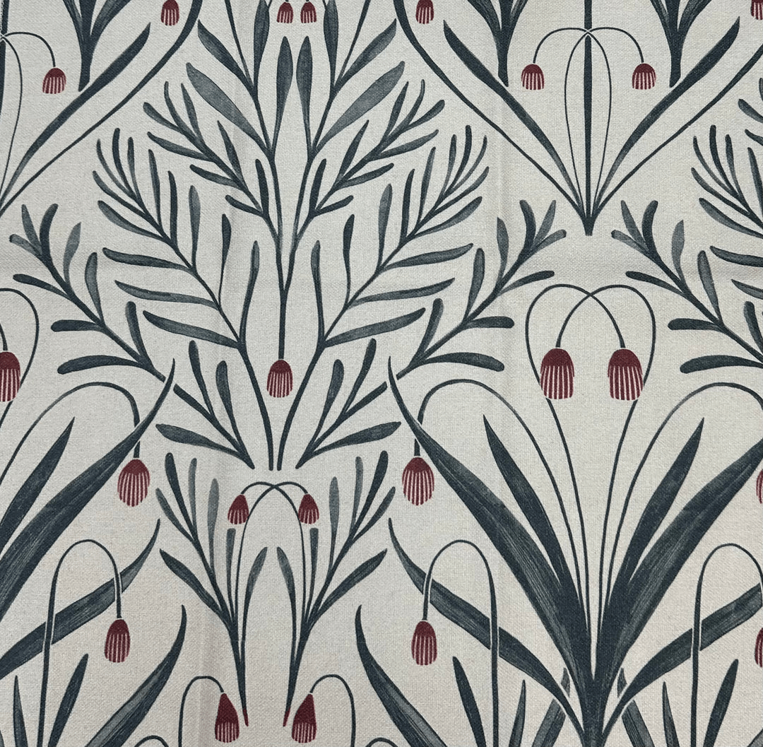 Tendril Williamsburg botanical throw pillow fabric with slate green fronds and red bell flowers on cream by Decor Fifty-Five - Whats New Furniture Portland OR