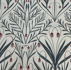 Tendril Williamsburg botanical throw pillow fabric with slate green fronds and red bell flowers on cream by Decor Fifty-Five - Whats New Furniture Portland OR