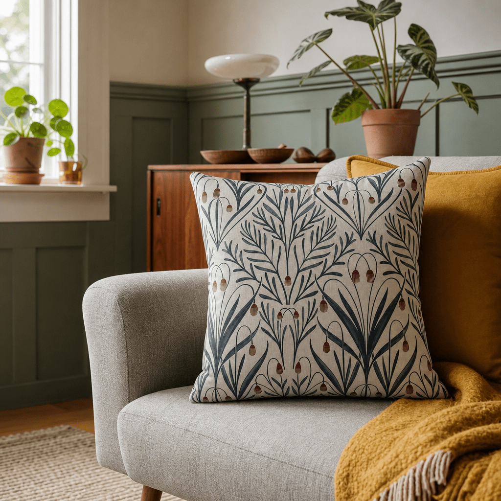 Tendril Williamsburg Throw Pillow styled in a Portland living room lifestyle - Whats New Furniture