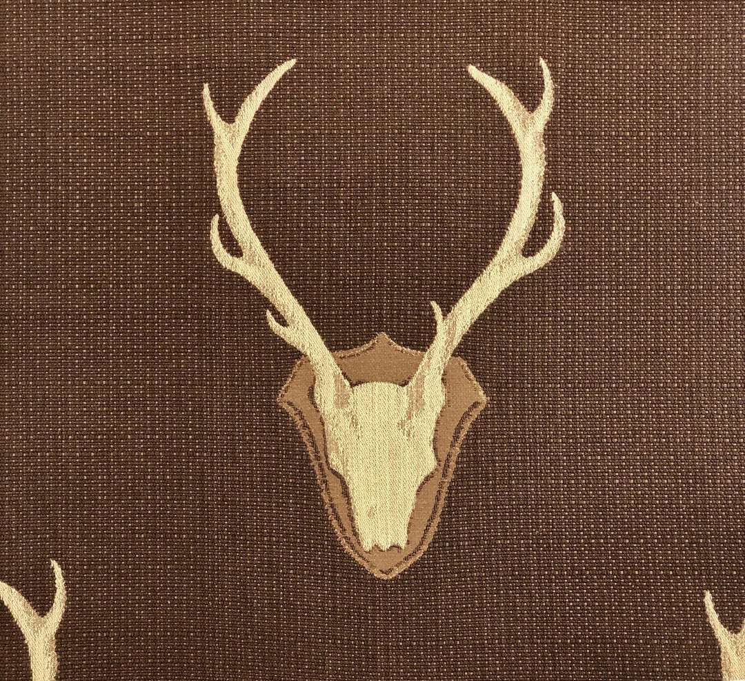 Uncle Buck Java fabric close-up, pale gold stag woven on chocolate-brown basketweave by Decor Fifty-Five - Whats New Furniture Portland OR