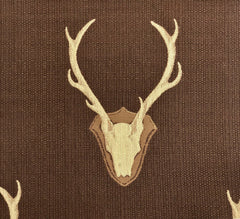 Uncle Buck Java fabric close-up, pale gold stag woven on chocolate-brown basketweave by Decor Fifty-Five - Whats New Furniture Portland OR