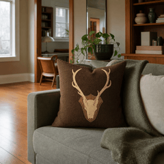 Uncle Buck Java Stag Jacquard Throw Pillow styled in a Portland Irvington foursquare living room lifestyle - Whats New Furniture