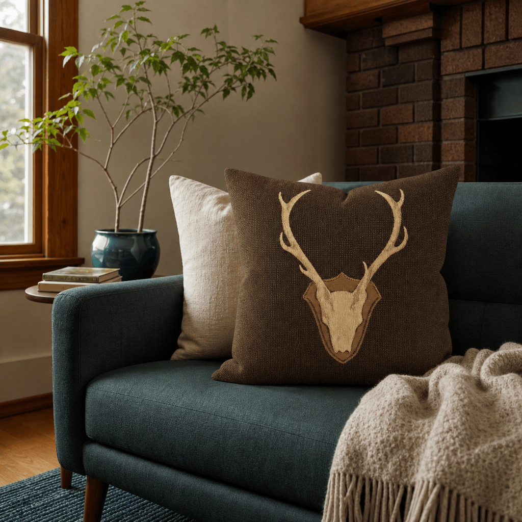 Uncle Buck Java Stag Jacquard Throw Pillow styled in a Portland Hawthorne bungalow living room lifestyle - Whats New Furniture