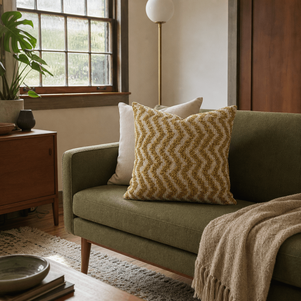 Upland Meadow Throw Pillow styled in a Portland Alberta Arts sitting room lifestyle - Whats New Furniture